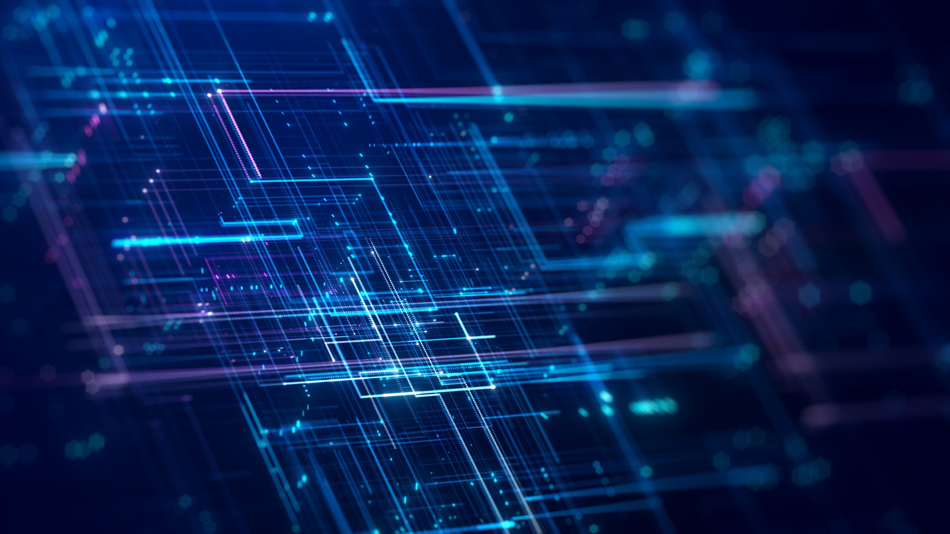 digital technology abstract concept Small particles connected in multicolored lines with a perspective view on dark blue background. Transmission of data in a fast internet network connection.