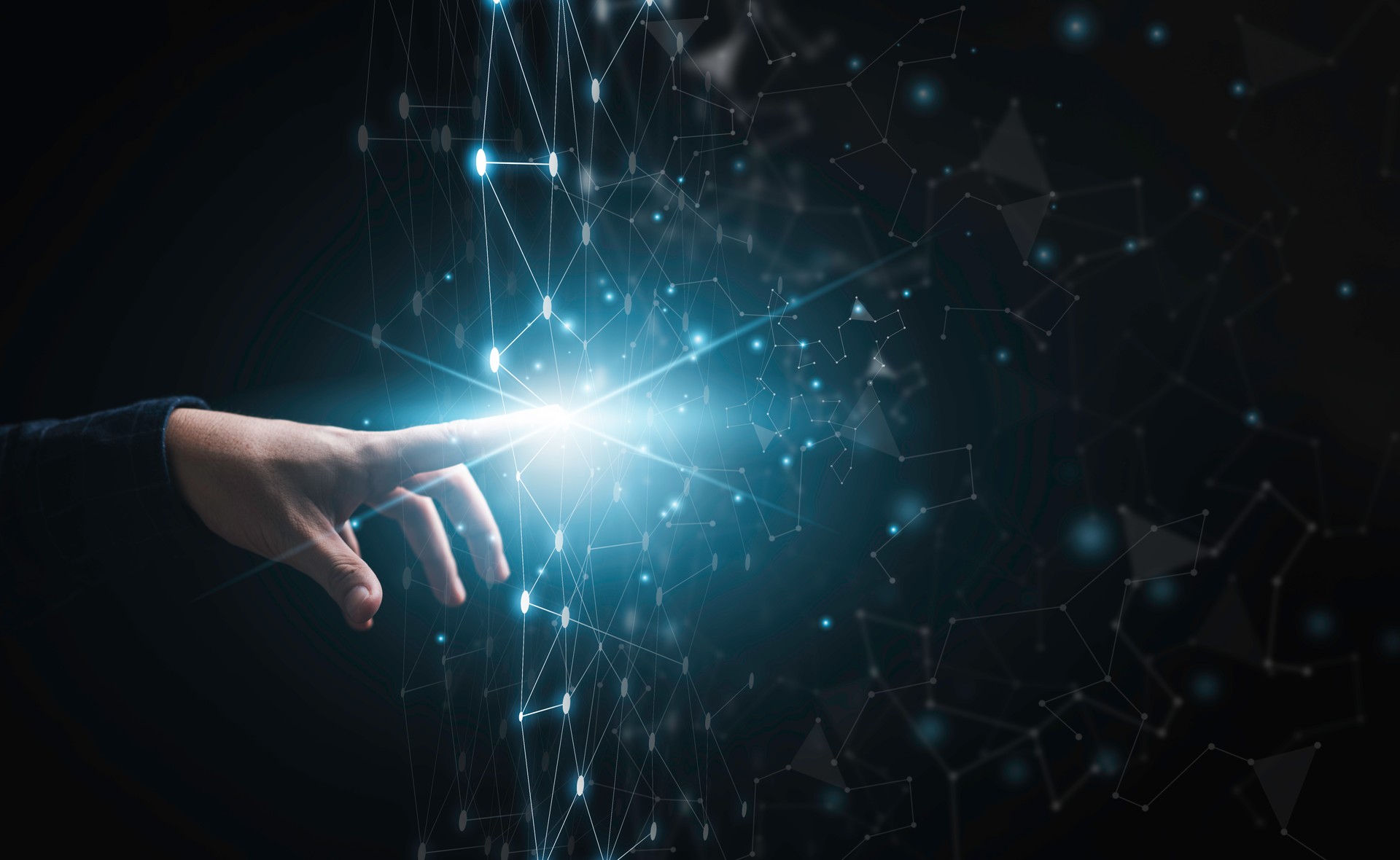Hand touching to connection line which glowing for digital transformation and technology concept.